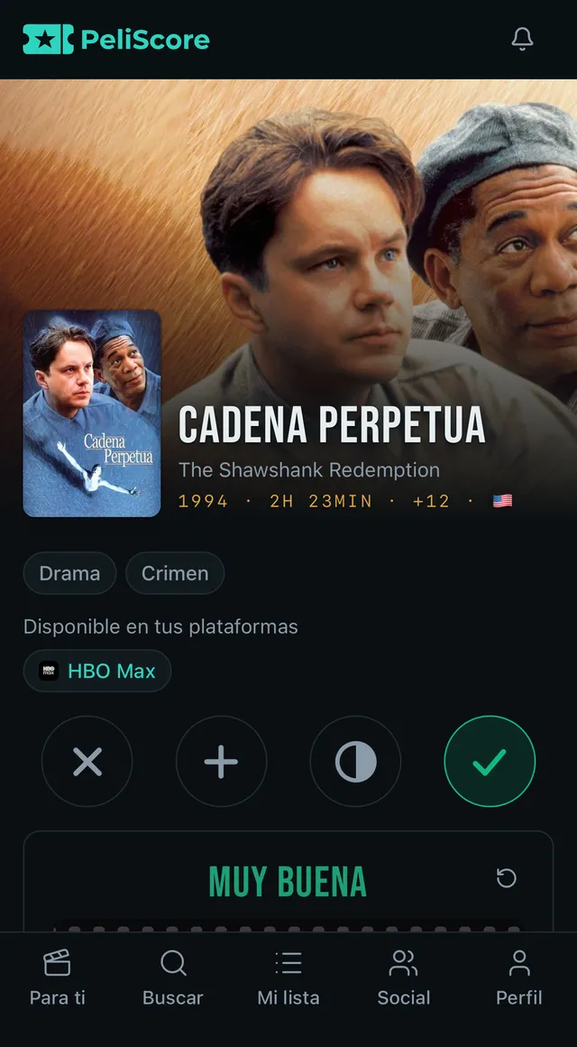 Ficha de una película en PeliScore con las plataformas donde verla